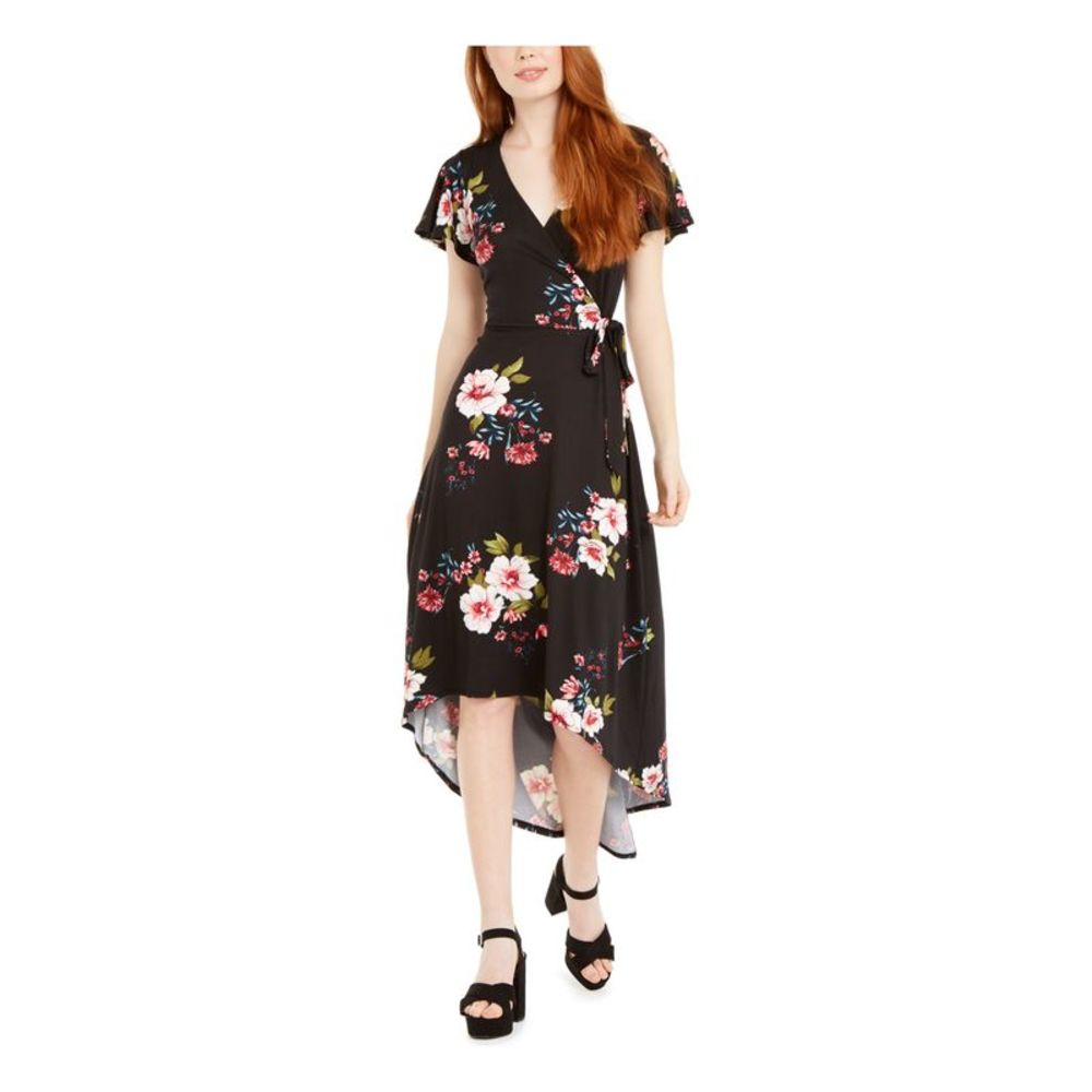 BCX DRESS Womens Black Belted Short Sleeve Maxi Evening Hi-Lo Dress Juniors L